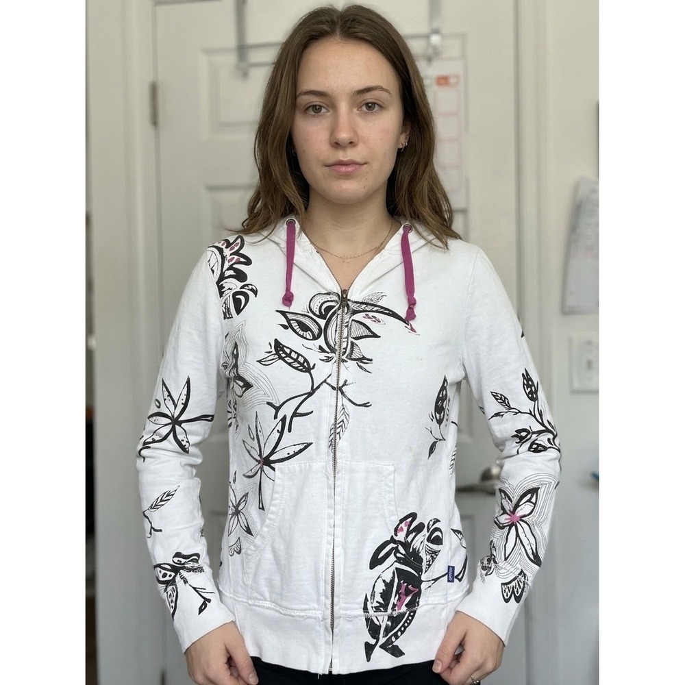 Curs Zip Up Hoodie Women XL White Good Floral Graphic Butterfly Y2K Grunge Alt